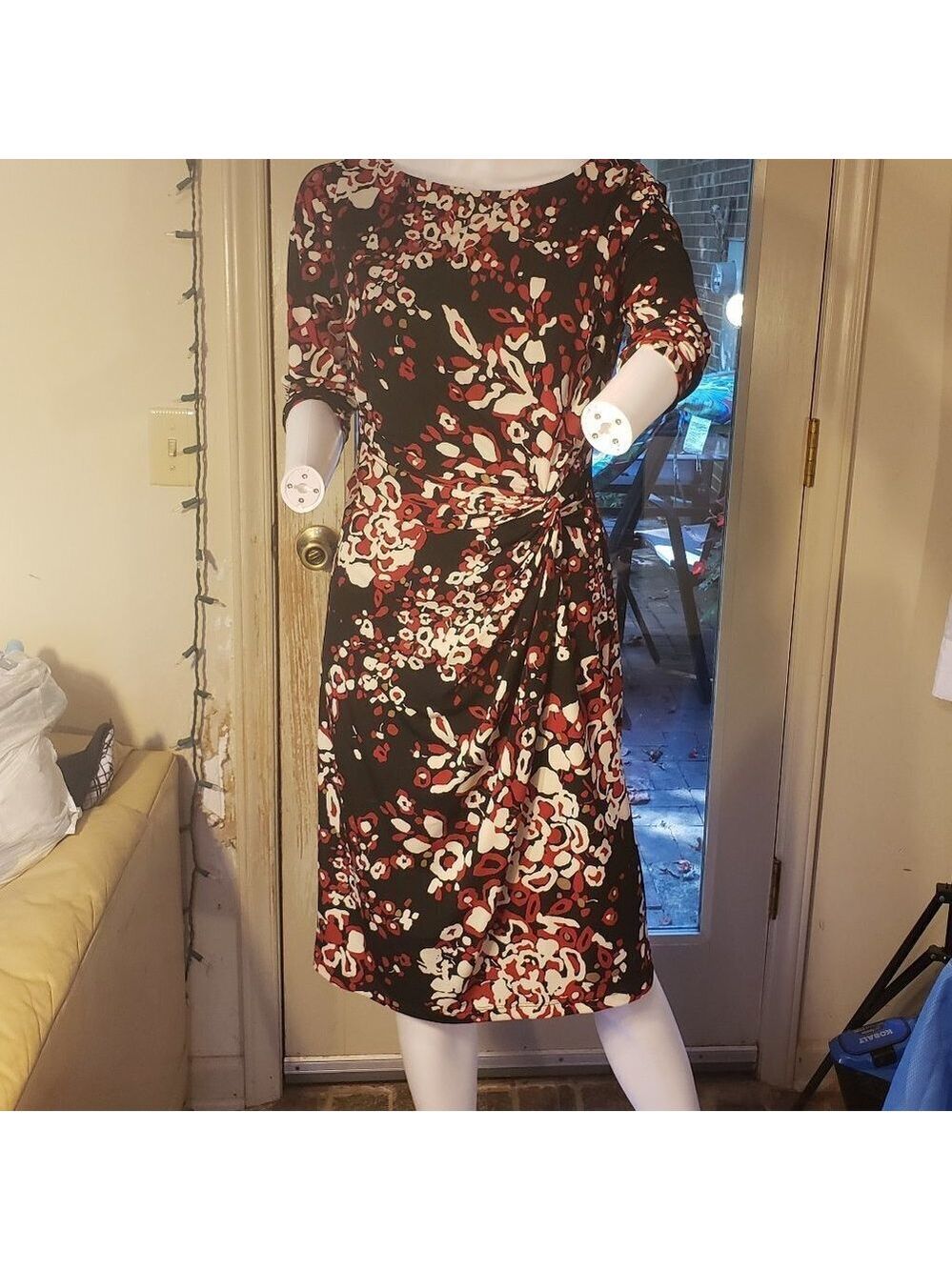 Evan Picone Black Floral Midi Dress with Red and Cream Print